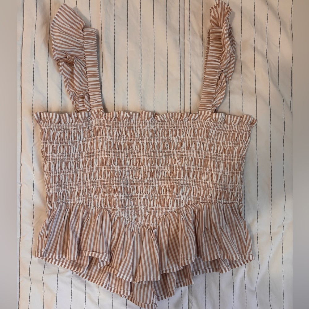 American Eagle Outfitters Tan and White Smocked Camisole